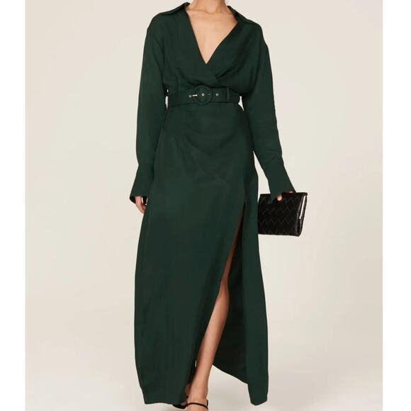 Nicholas Electra Satin Gown 4 Green Long Sleeve Maxi V-Neck A-Line Cocktail Slit - Picture 1 of 15